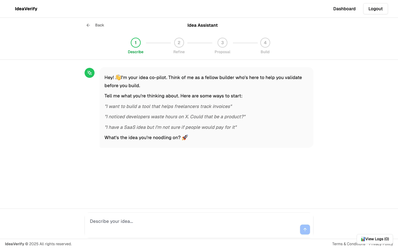 AI Idea Assistant chat interface with step-by-step guidance